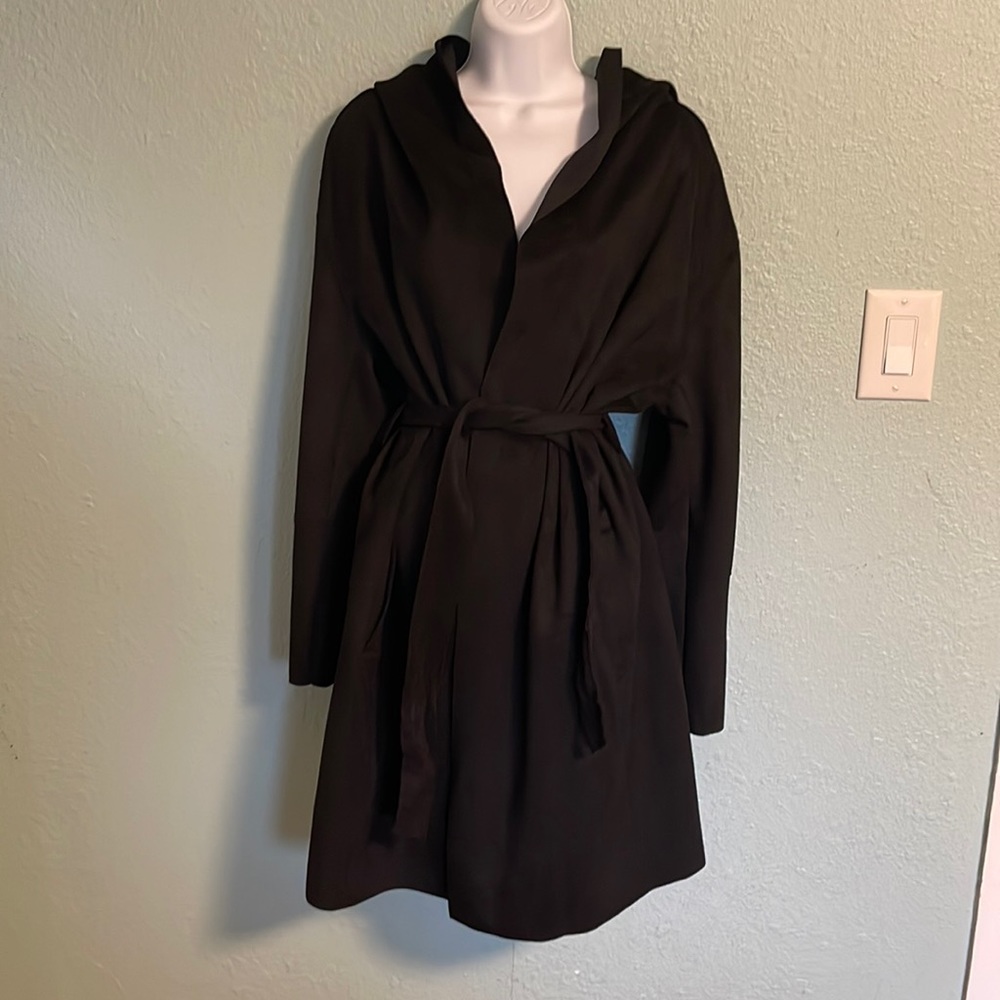 Zara Faux Suede Long Jacket Hooded Black Open Front